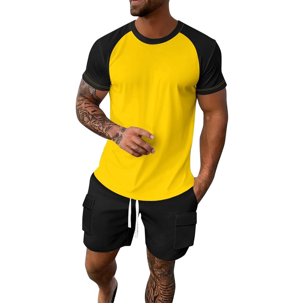 Men's Summer Solid Color Loose Plug-In Short-Sleeved Round Neck Top Workwear Shorts Suit