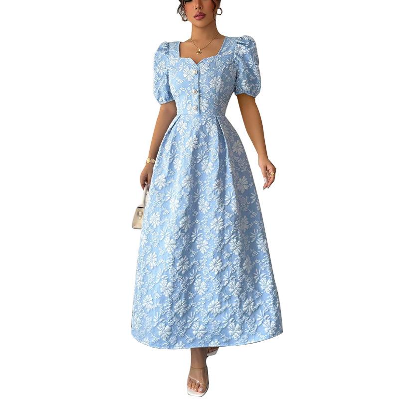 Women's Square Neck Floral Print Puff Sleeve Button Front Midi Dress