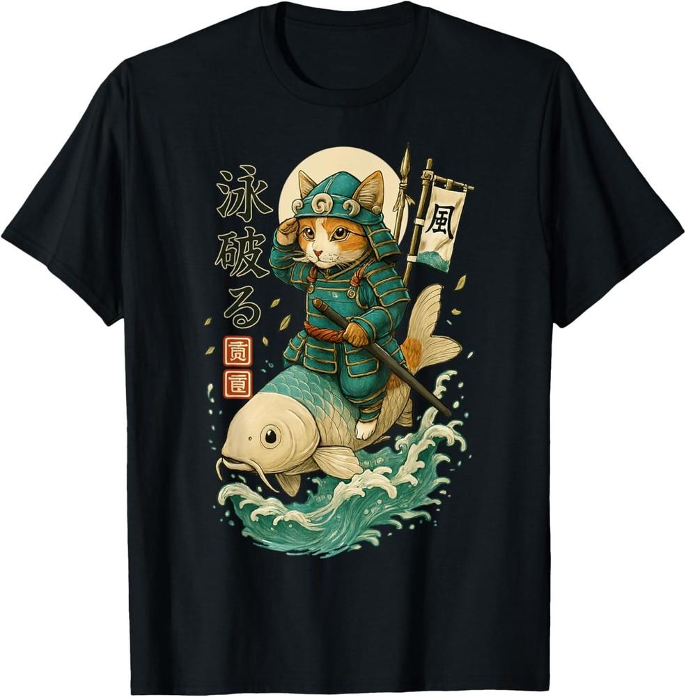 Samurai Cat Riding Koi Fish Fantasy Art T-Shirt Unisex T-Shirt S