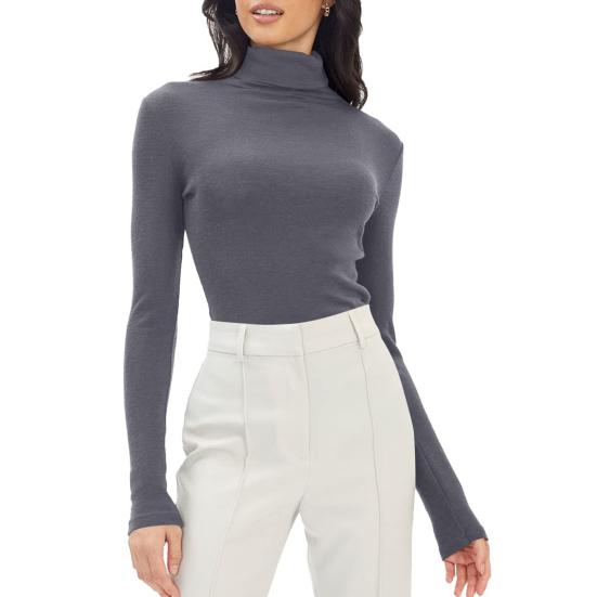 Women Bottoming Tops Slim Fit Stacked Collar Long Sleeve Solid Color Pullover Shirt Elastic Jumper Daily Wear