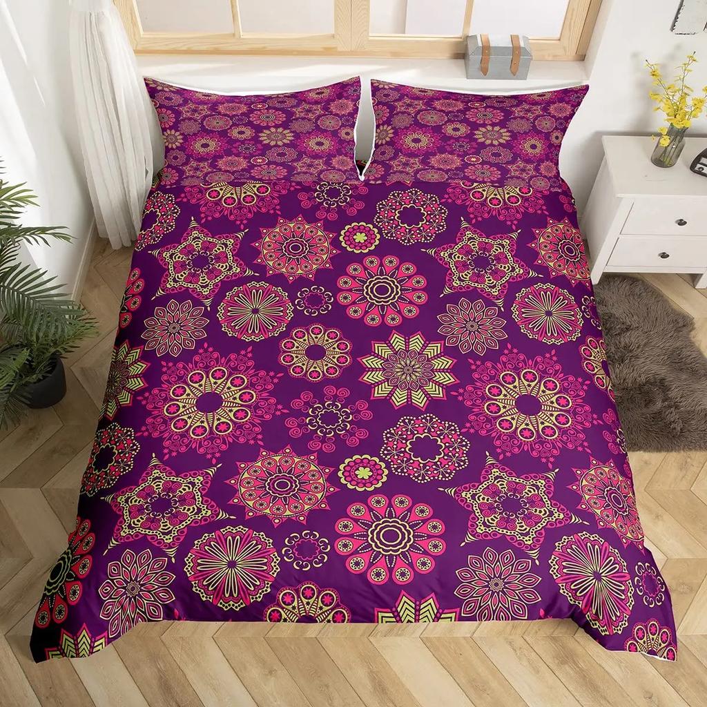 Hippie Flower Duvet Cover Set Boho Mandala Bedding Set Microfiber Groovy Flowers Comforter Cover King for Girls Women Room Decor