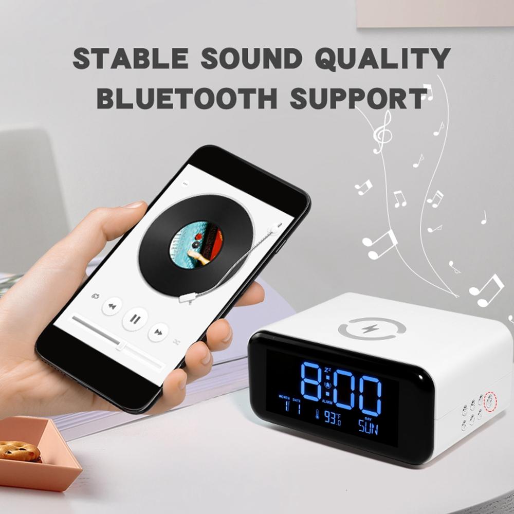 Lămpi de noapte Difuzor compatibil Bluetooth cu încărcare wireless de 15 W, Ceas cu alarmă cu afișaj mare