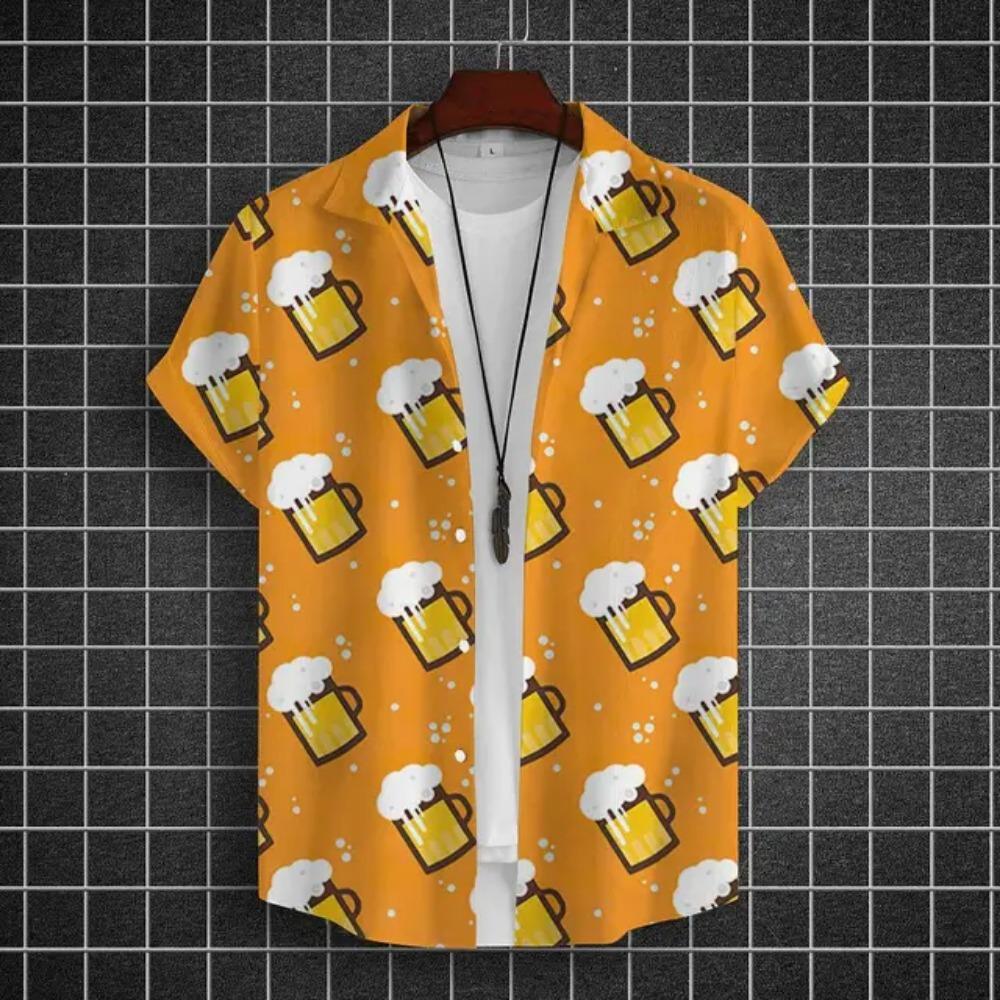 Hawajska Koszula Męska 3D z Nadrukiem Piwa Krótki Rękaw Koszule Koszulka na Imprezę Piwną T-shirty Letnie Codzienne Luźne Oversize Odzież Męska