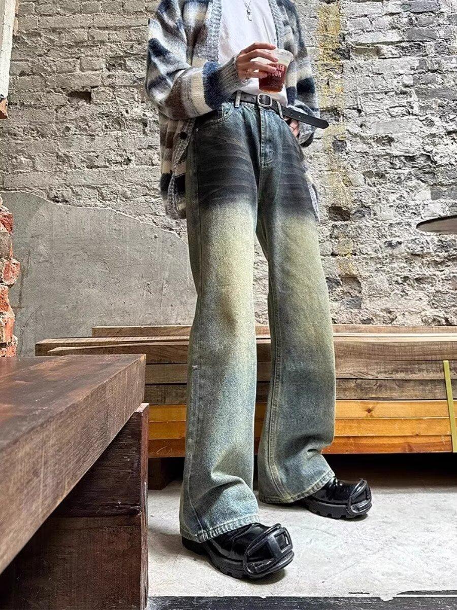 JYL Men s Straight Jeans High-Street Washed American Vintage Cleanfit Flare Denim XL