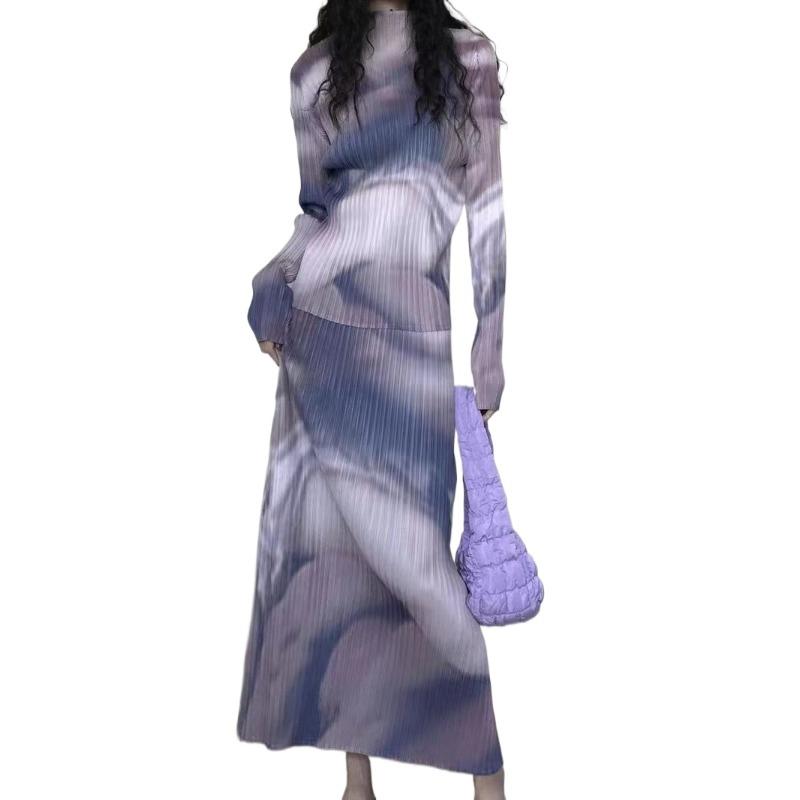 Neues, bedrucktes, plissiertes, sanft elastisches Taillenmode-Set für die Frühlings- und Herbstsaison