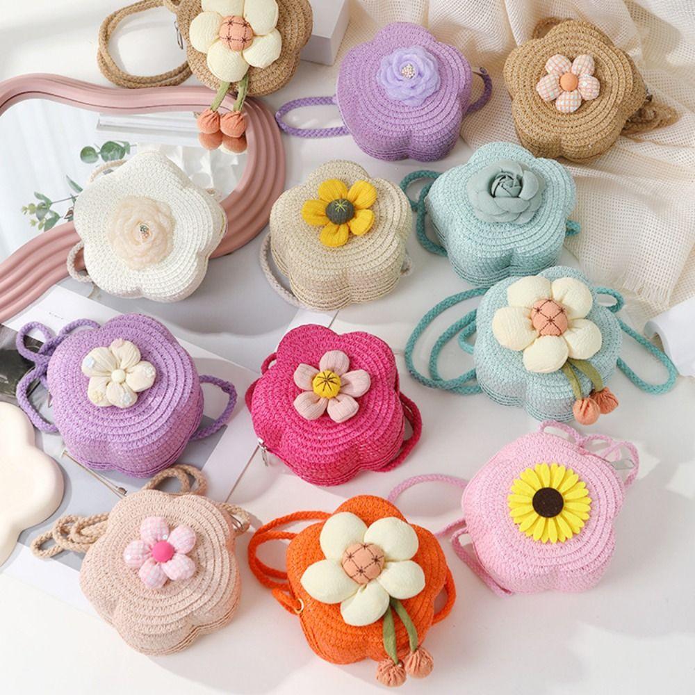 Ανθεκτική Ψάθινη Τσάντα Crossbody Πλεκτό Πορτοφολάκι Λουλούδι Χειροτσάντα Κοριτσιών Παιδική Τσάντα Ώμου Messenger Καλοκαιρινή Χαριτωμένη Μίνι Τσάντα Πριγκίπισσας