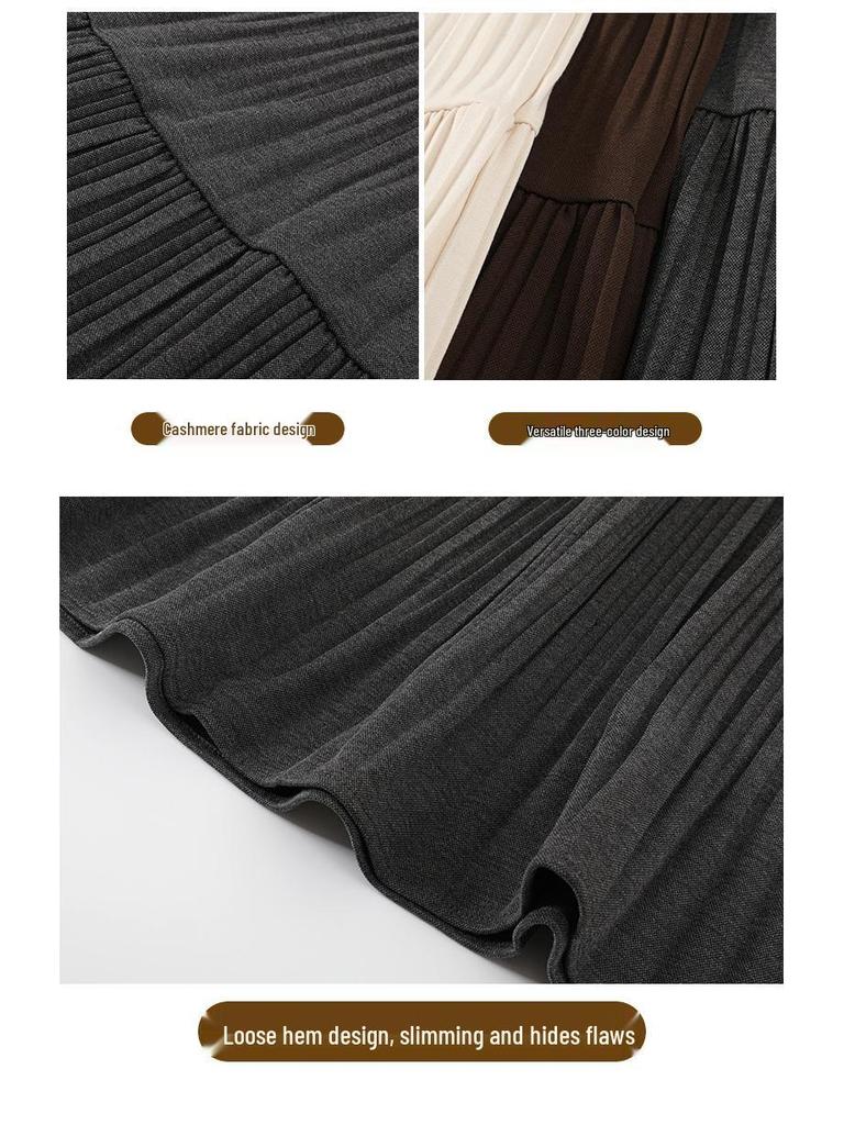Korean Style Woolen Pleated A-line Skirt: High Waist, Hip-Covering, Draped Half Skirt for Women, Autumn/Winter Fashion.