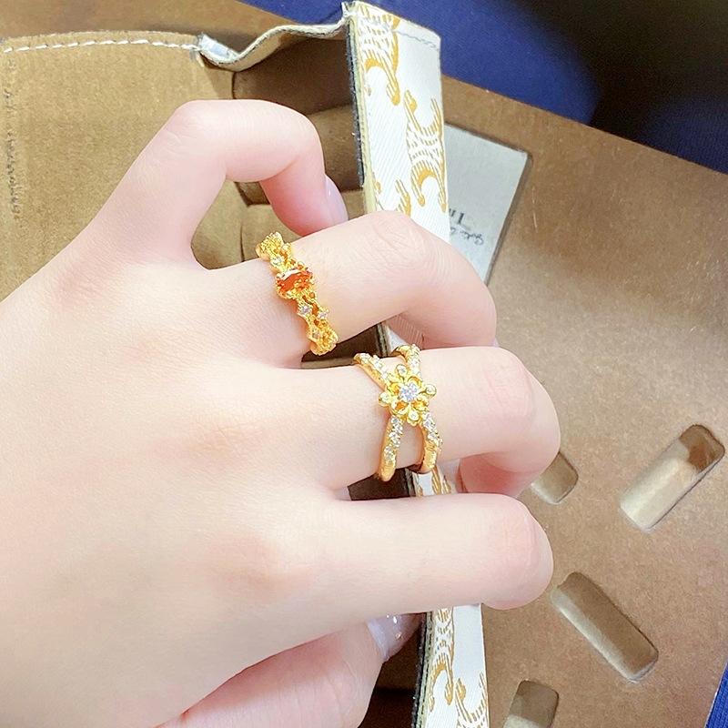 Medieval Vintage Zircon Lace Leaf Opening Ring Retro Femininity Niche Colored Treasure High Sense Ring