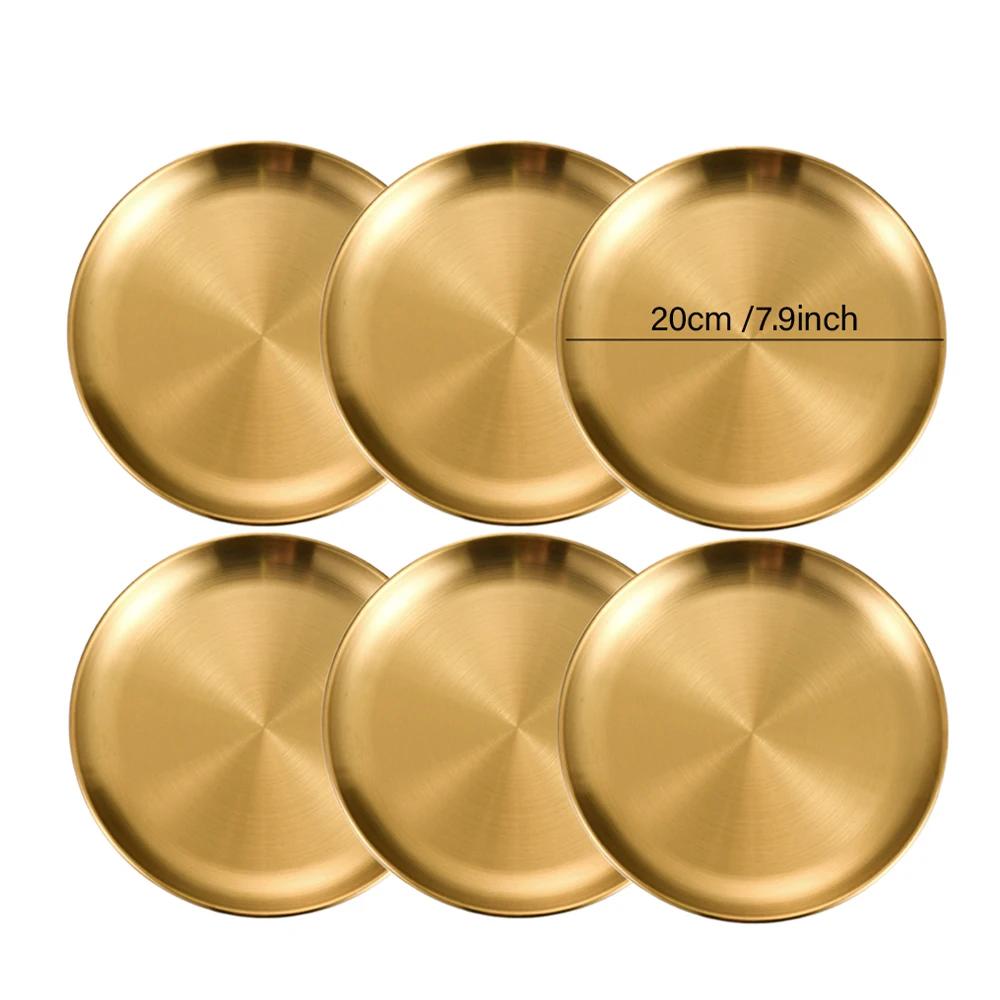 6Pcs Stainless Steel Thickened Barbecue Disc Golden Silver Cafe Tray Fruit Plate Cake Plate Bone Dish Shallow Plate