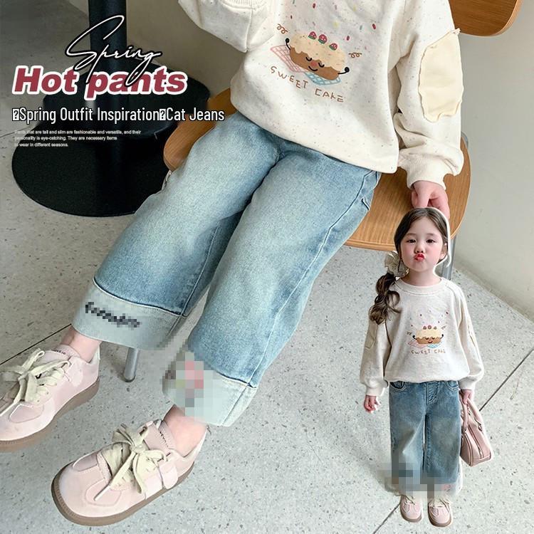 2025 Girls' Korean-Style Cat Denim Jeans - Fashionable Spring & Autumn Wear