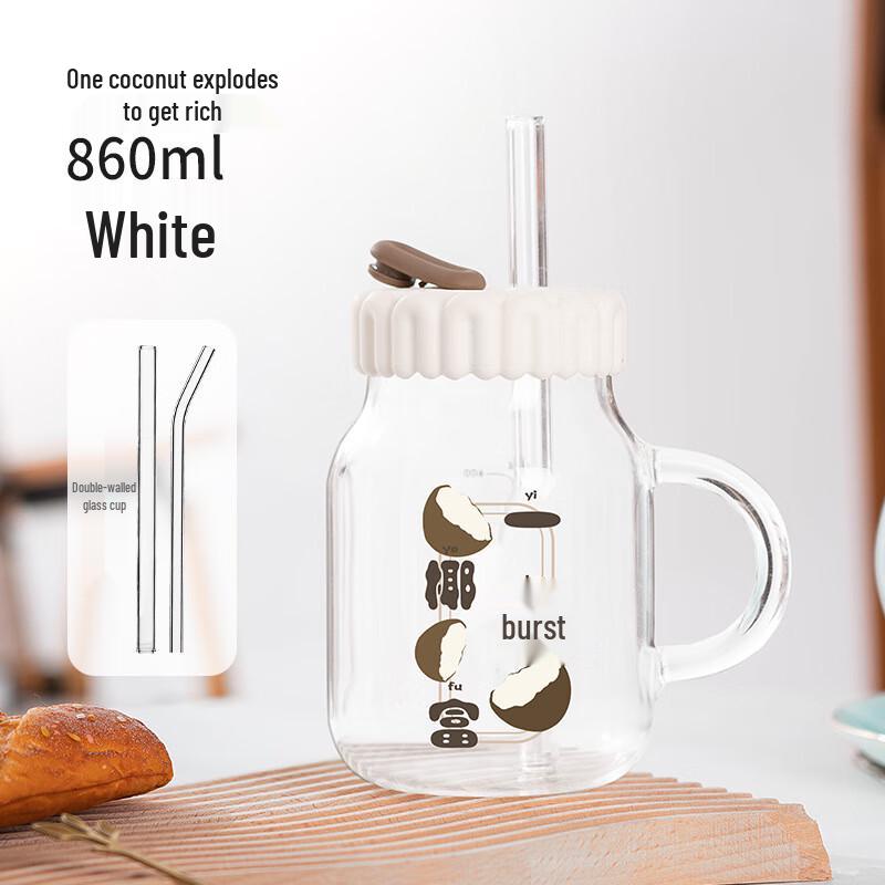 Dilber 860ml Glass Cup with Handle and Straw
