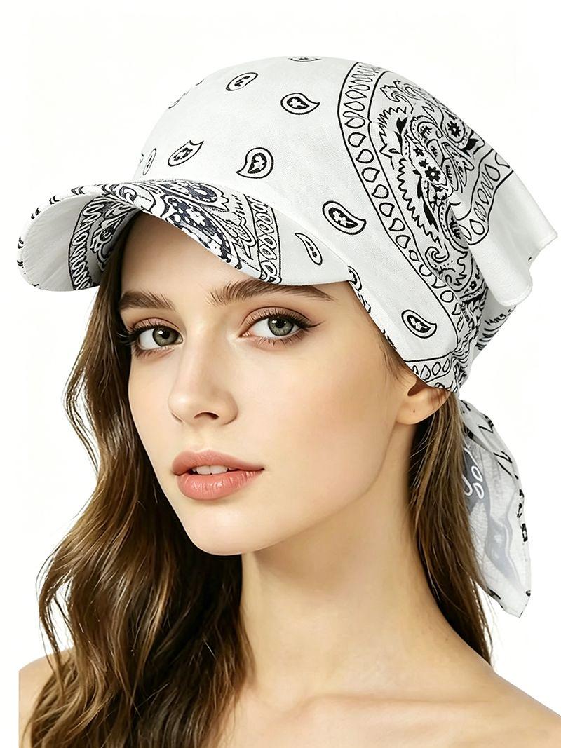 Conella Dames Kleurrijke Paisley Katoenen Hoofddoek Met Vizierrand Bandana Zonbescherming Lichtgewicht Ademend Zomer Buiten wit