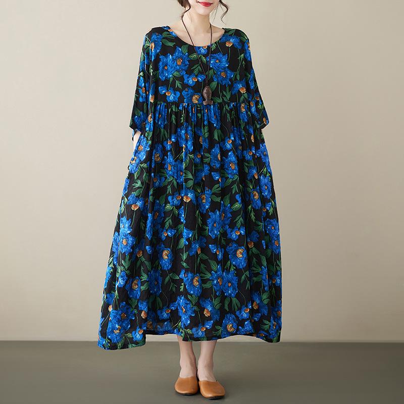 Blue Floral Cotton Linen Plus Size A-Line Dress - Summer 2023, Short Sleeve, Loose Fit