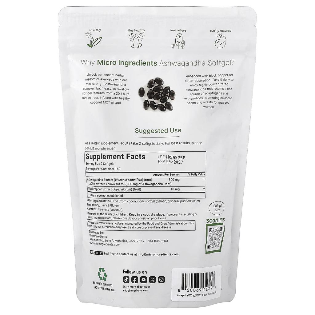 Micro Ingredients, Ashwagandha, 300 Softgels