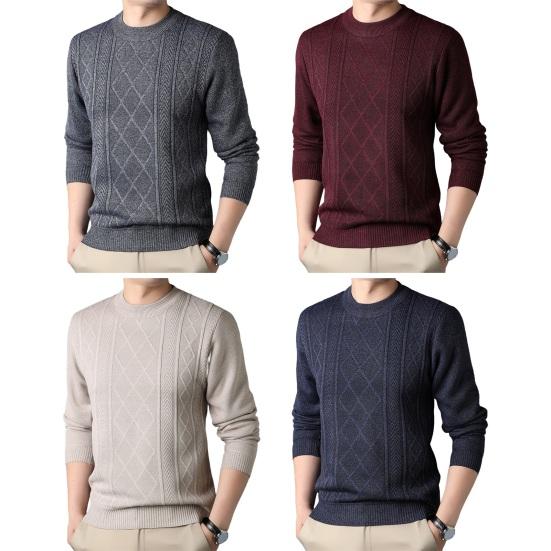 Fall Winter Sweater Round Neck Long Sleeves Solid Color Thick Stretchy Loose Knitted Warm Pullover Mid Length Daily Wear Top