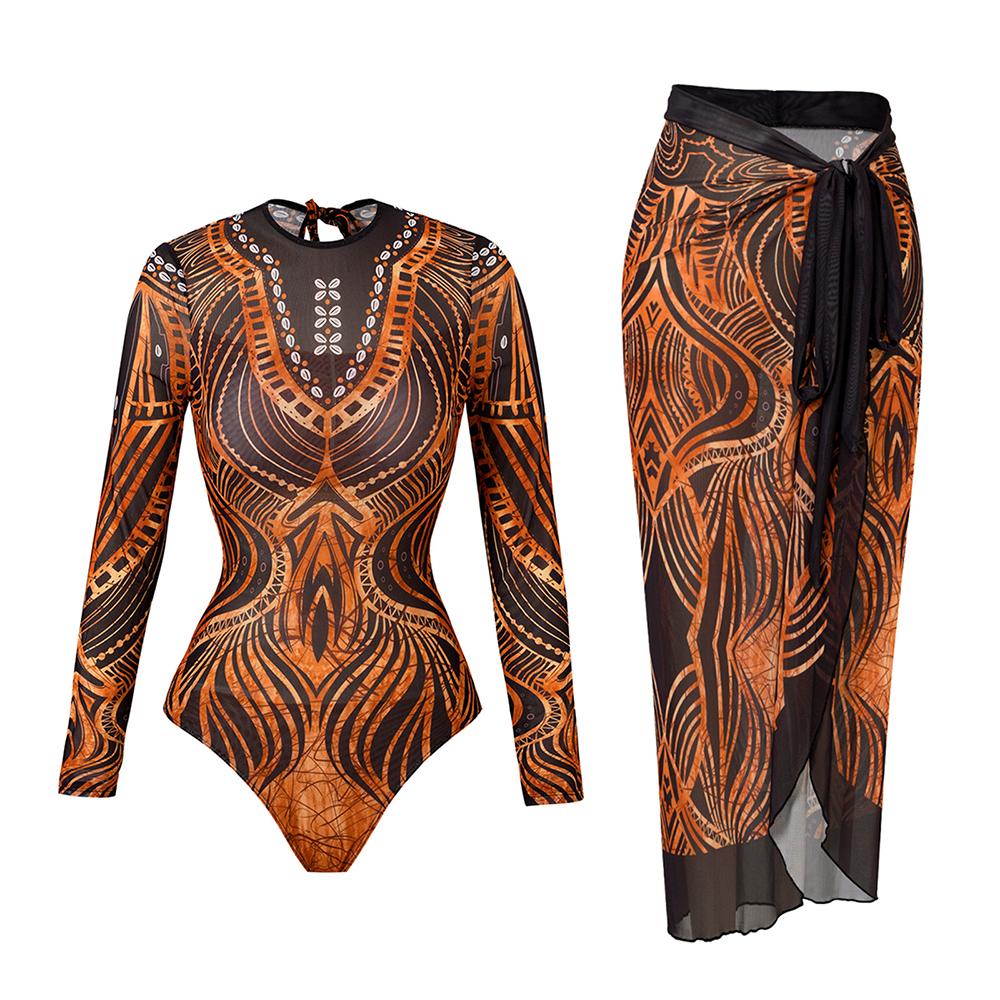 2025 Long Sleeve Sheer Sun Protection One-Piece Set Swimsuit Women Sexy Rash Guard Swimwear Bodysuit Beachwear With Coverup