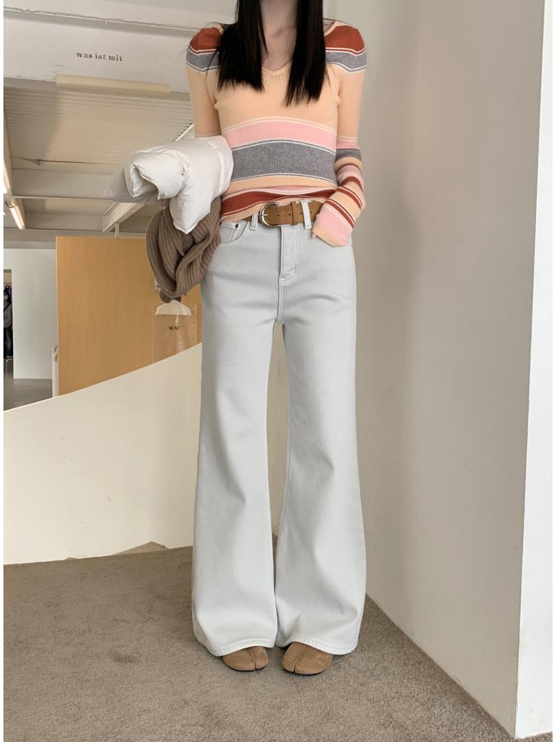 GAGD Women s White Thickened Micro-Flare Jeans with Belt - Slimming, Non-Sticky, Wide Leg Floor-Length Pants. S