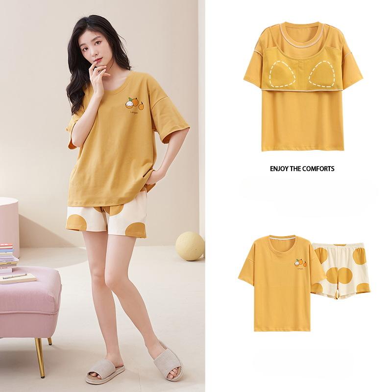 Pyjama Damen Sommer mit Kissen, süßen und niedlichen Shorts, kann außerhalb des kurzärmeligen Baumwollanzugs Homewear getragen werden