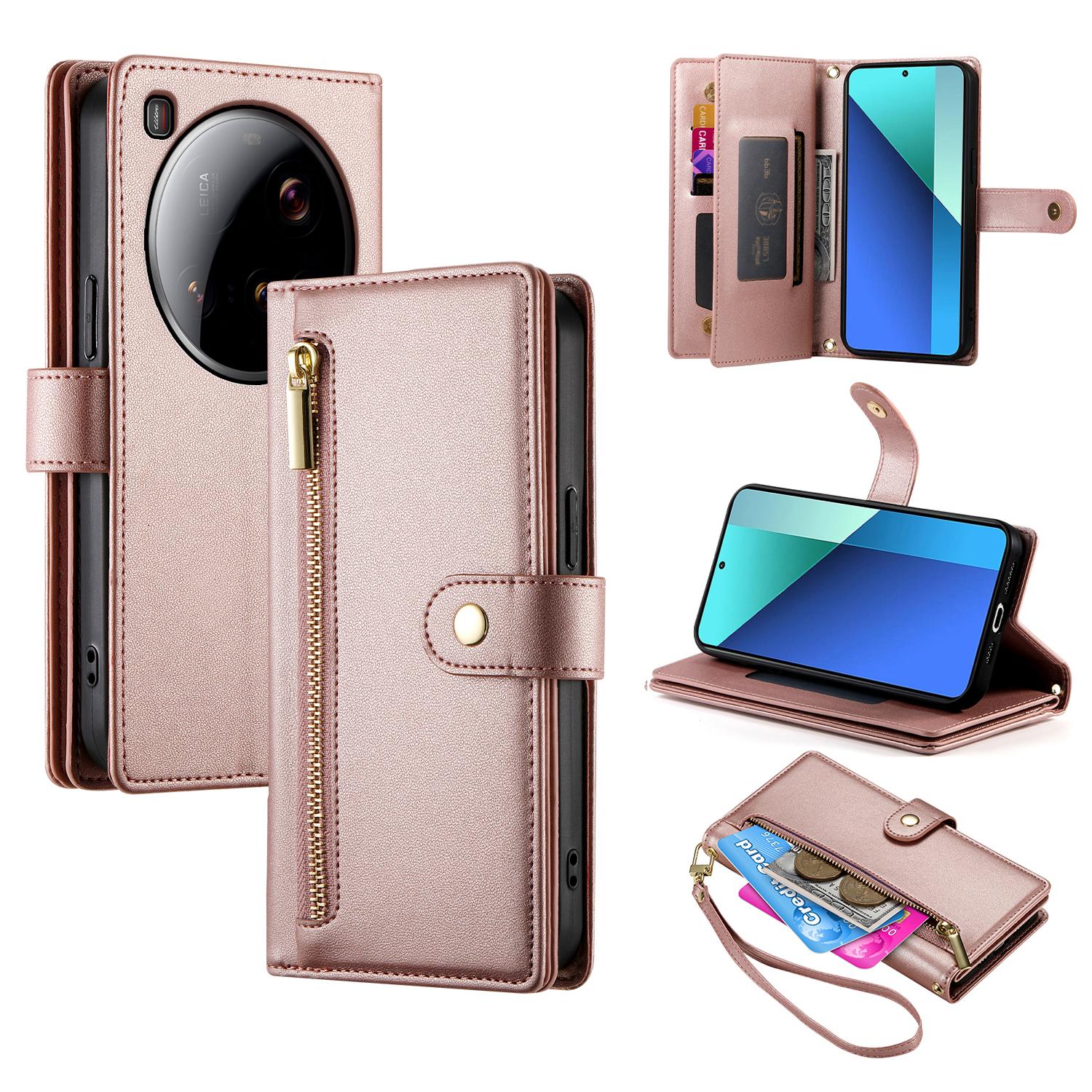 

DF-011 For Xiaomi 15 Ultra Case Zipper Pocket Wallet Leather Phone Cover with Straps Pink