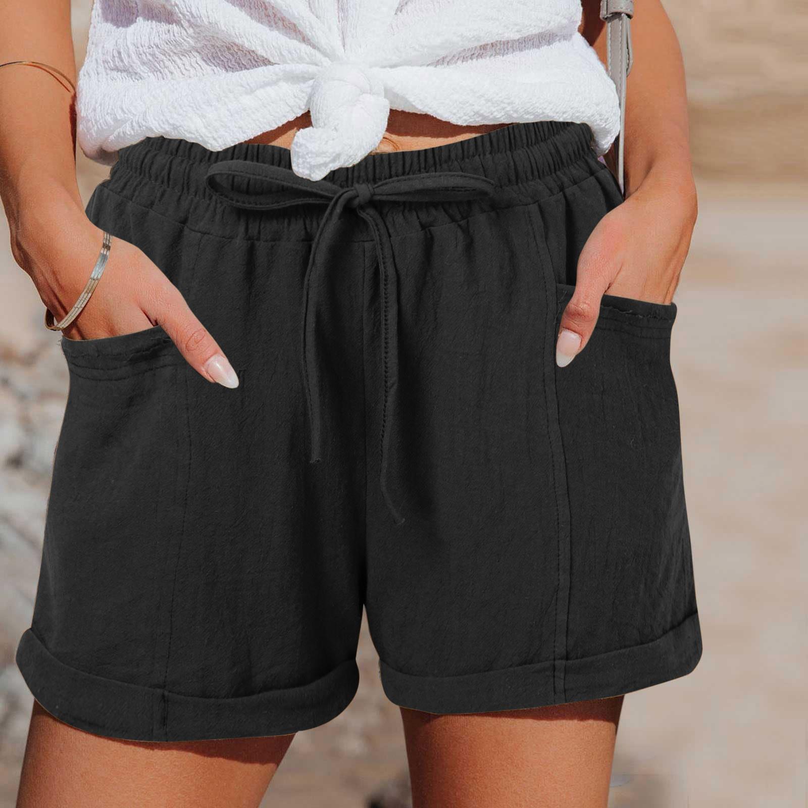 

Women s Casual Comfortable High-Waisted Wide-Leg Shorts With Drawstring And Pockets L чёрный