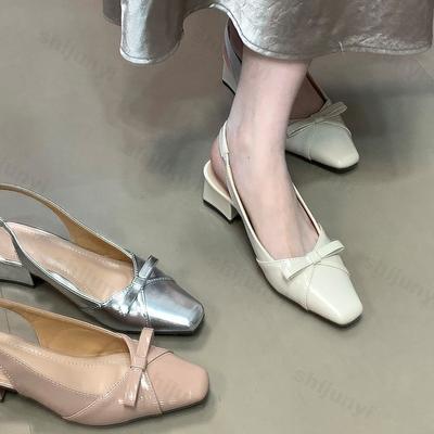 Women Summer Square Toe Bow Sandals 2025 New Shallow Mouth Non-slip Kitten Heel Shoes French Fashion Comfortable Outdoor Sandals