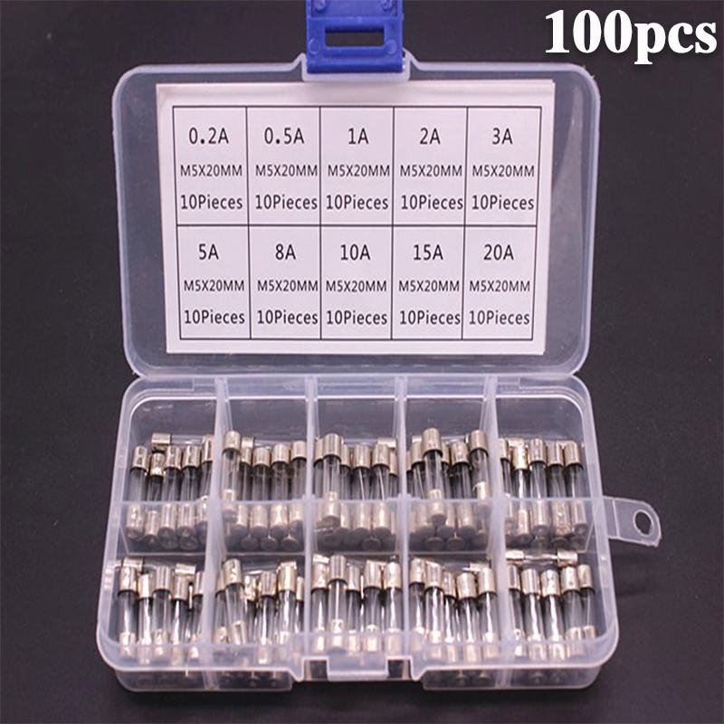 

100 PCS Fast Blown Glass Fuse Combination Kit 5x20 mm 250 V 0.1 0.2 0.25 0.5 1 1.5 2 3 4 5 8 10 12 15 20 A In Clear Plastic Box