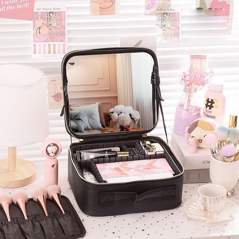 PU Leather Waterproof Multifunctional Cosmetic Storage Case With Mirror Lipstick Jewelry Make-Up Brush Organize Deposit Box