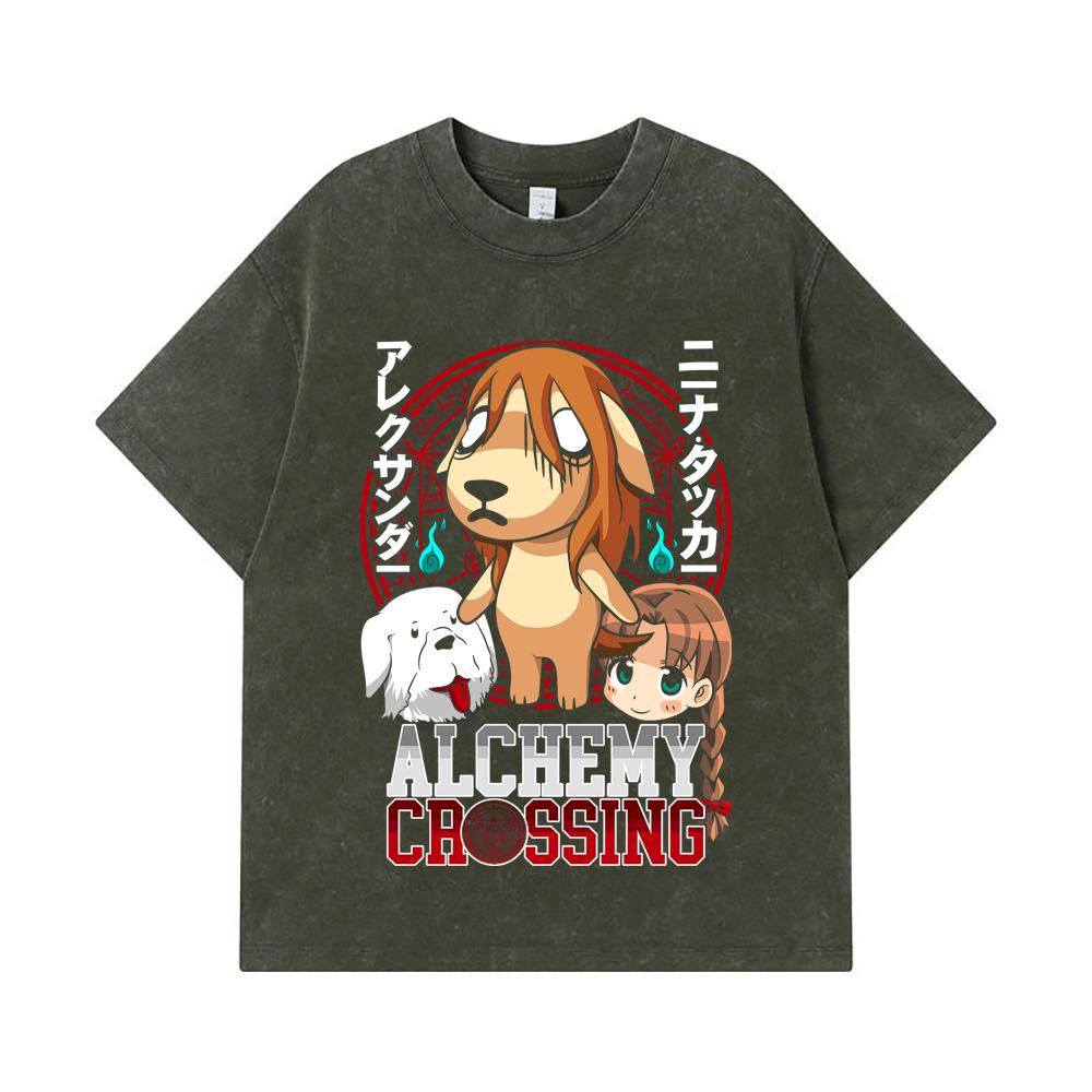

275 GSM Washed T-shirts 100% Cotton Fullmetal Alchemist V5 Alchemy Crossing Print Unisex Heavy Cotton T Shirt S армия зеленый