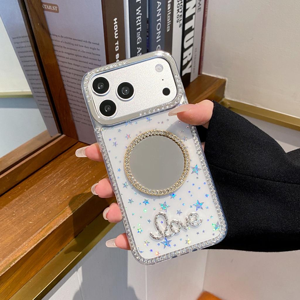 Love mirror laser star edge drill adapts to iPhone15promax mobile phone case niche 16pro makeup mirror