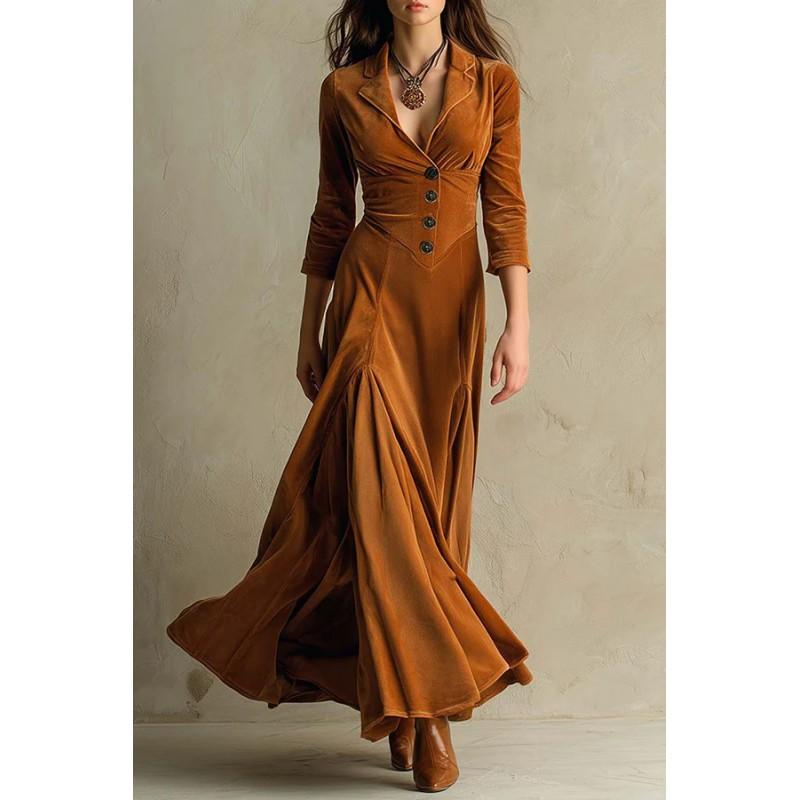 Womens Solid Color Button Lapel Long Sleeve Maxi Dress Slim Fit High Waist Party Casual