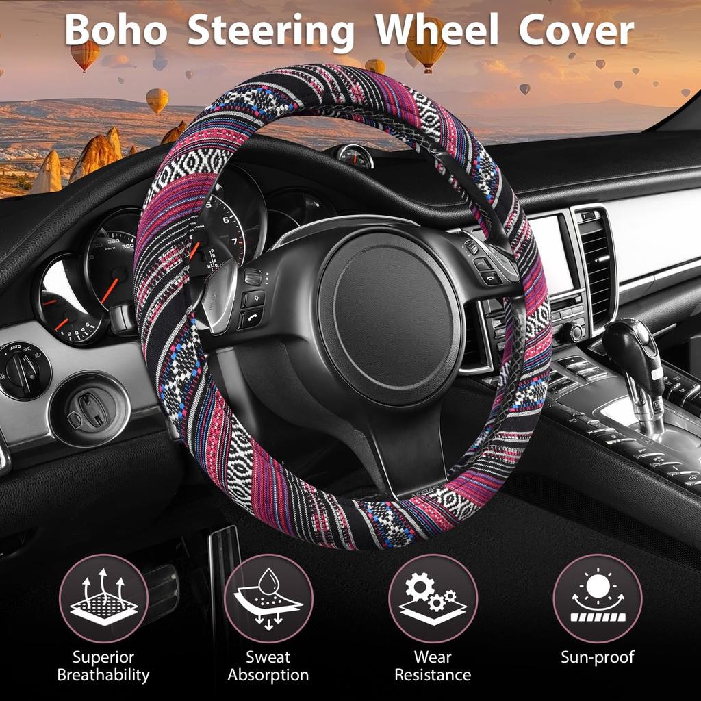 CAR PASS Boho Steering Wheel Cover, Ethnic Flax Cloth Universal Steering Wheel Cover,Anti-Slip Design, Fit 14.5-15 inches for Vehicles,Cars,SUV,Vans