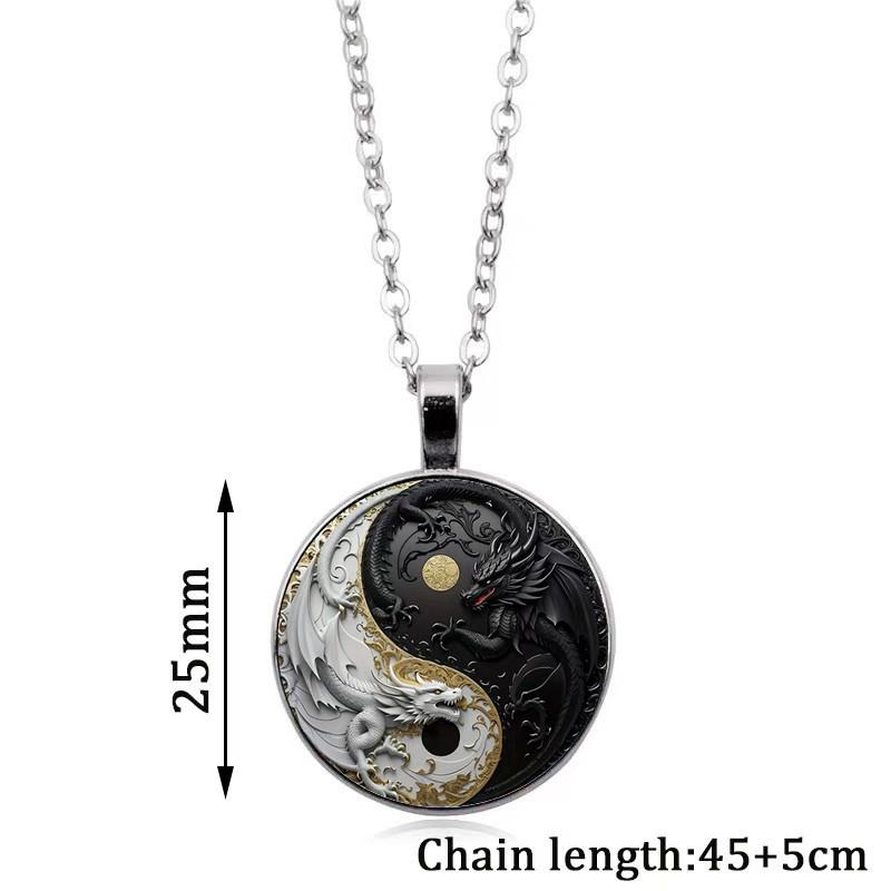Retro Yin Yang Dragon Design Glass Pendant Necklace for Men Women Jewelry Accessories Birthday Gift