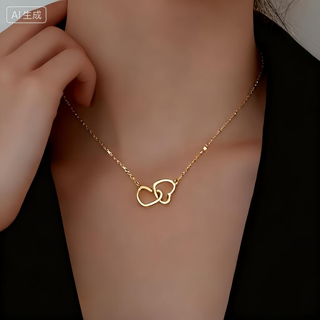 Golden Double Ring Heart Necklace Easy Elegant for Casual Wear Party Fashionable Women Jewelry Gift