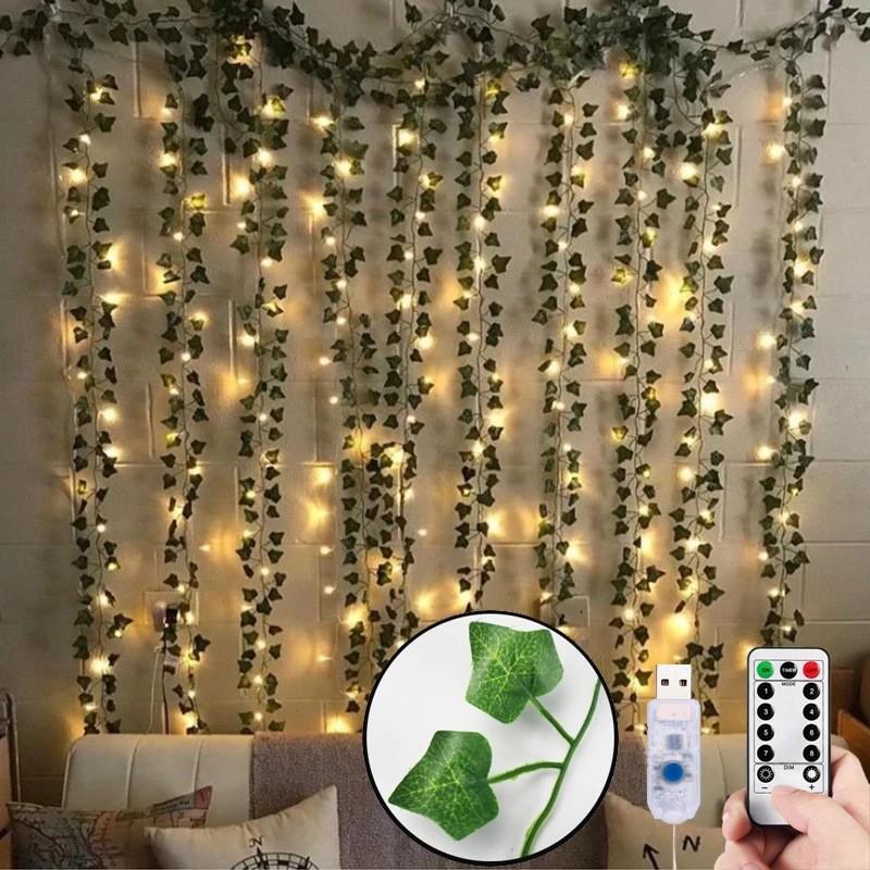 23 LED Green Leaf Vine Curtain Lights - Colorful Flashing String Lights for Weddings & Live Streams 3m x 1m - USB + Remote
