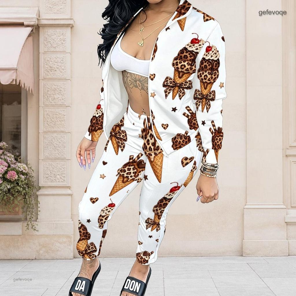 Women Plus Size White Printed Long Sleeve Zip Front Jacket And Long Pants Set
