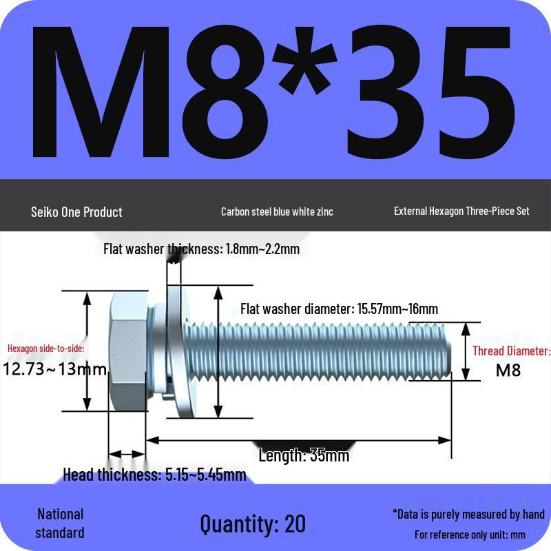 Grade 8.8 Galvanized Hex Bolt Set: Includes Hex Bolt, Spring Washer, Flat Washer (Sizes: M4, M5, M6, M8, M10, M12)