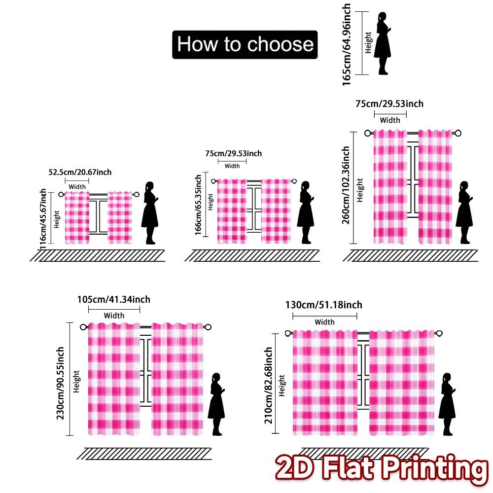 2pcs   2D FLAT PRINTING Curtains (Without Rod) Pink Plaid Chic Print Curtains Machine Washable Fabric Curtains Room Decor