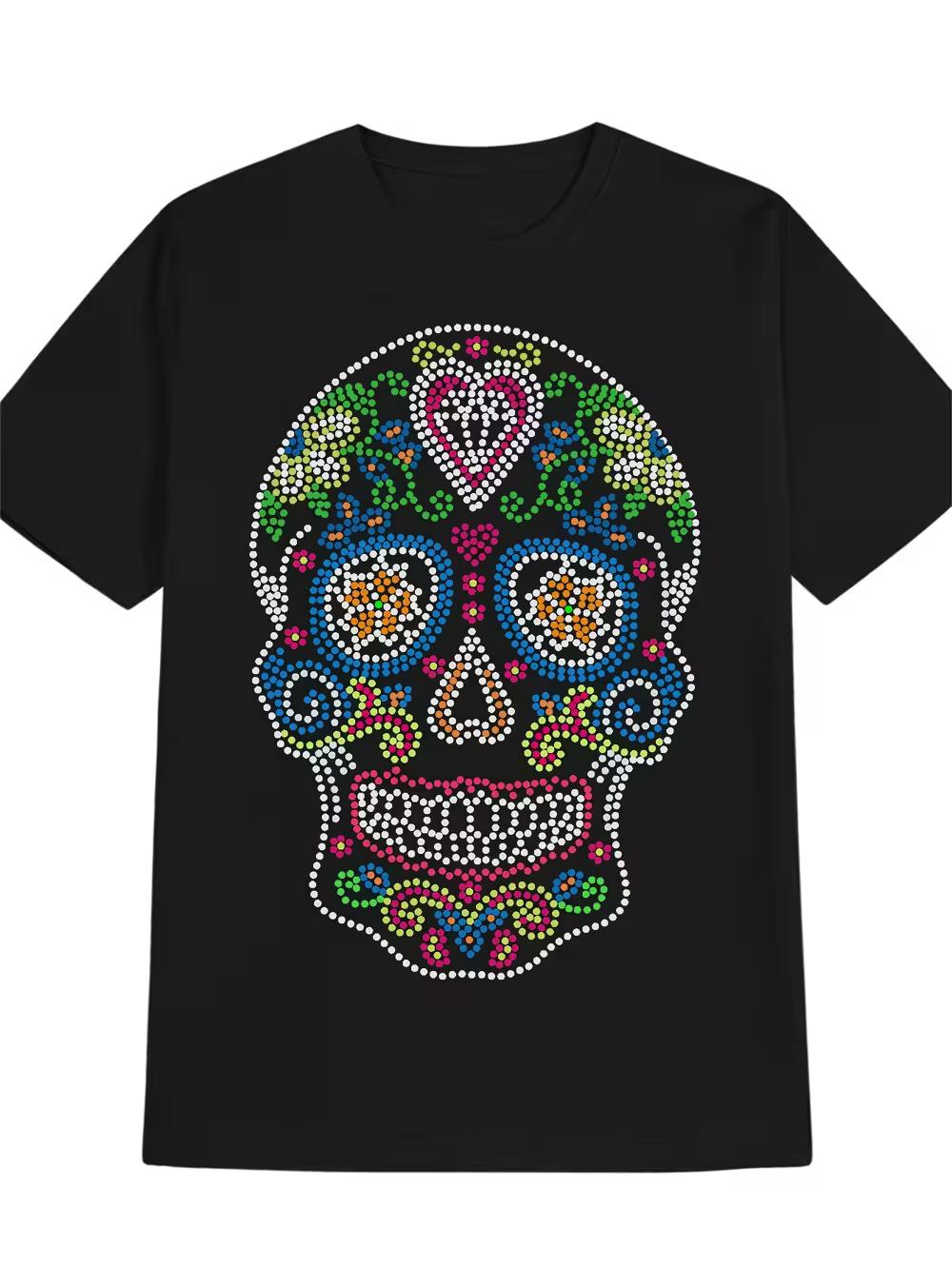 Men S Casual Crew Neck T-Shirt with Colorful Skull Print XXL