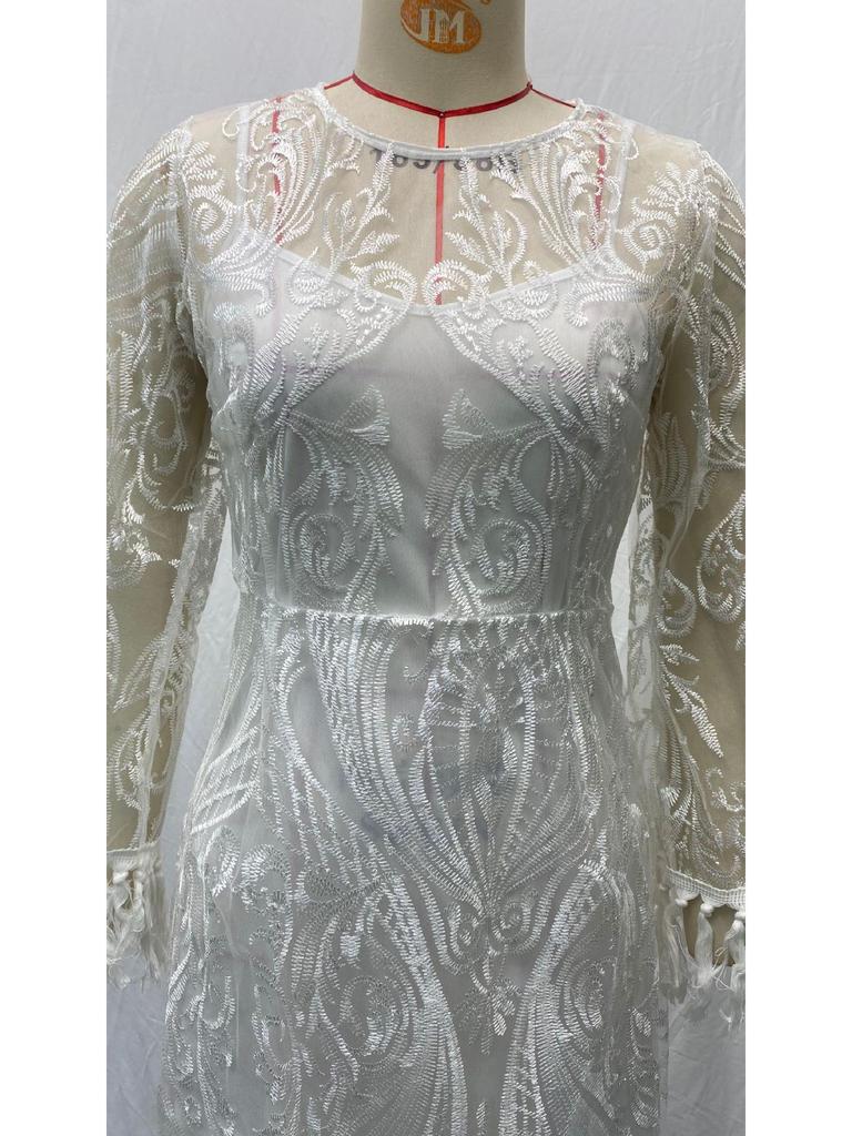 2025 Spring European & American Women's Embroidered White Tassel Lace Evening Dress