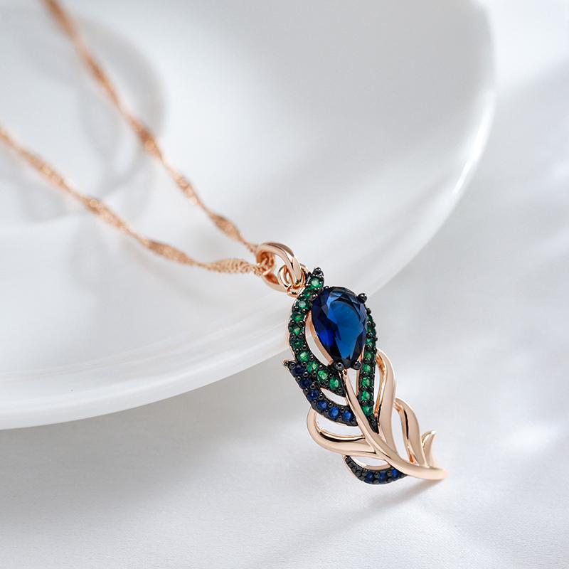 Blue Natural Zircon Pendant Necklace For Women  Rose Gold And Black Plating Vintage Crystal Leaf Daily Fine Jewelry