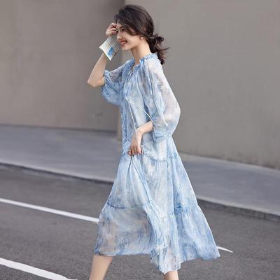 Demana Women's V-Neck Ink Wash Print Chiffon Midi Dress