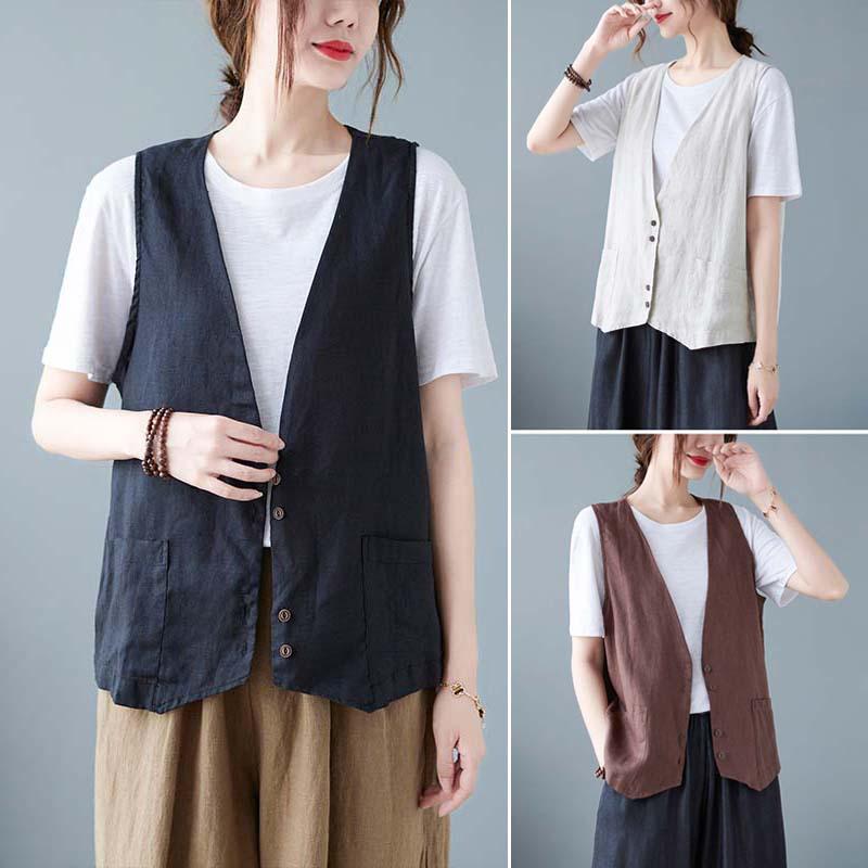 2025 Summer Women's Solid Color Sleeveless Cotton Linen V-Neck Vest