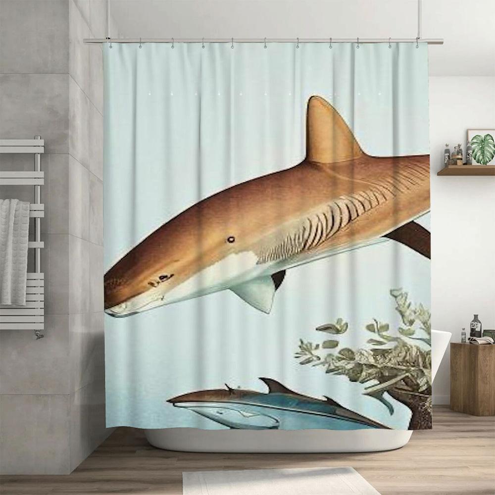 Modern Ocean Life Print Shower Curtain Large Size (180x200cm) for Bathroom Decor with Hooks Included.