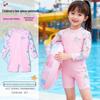 Color Block Long Sleeve Swimwear for Girls: One-Piece Sun-Protective Swimsuit for Older Children