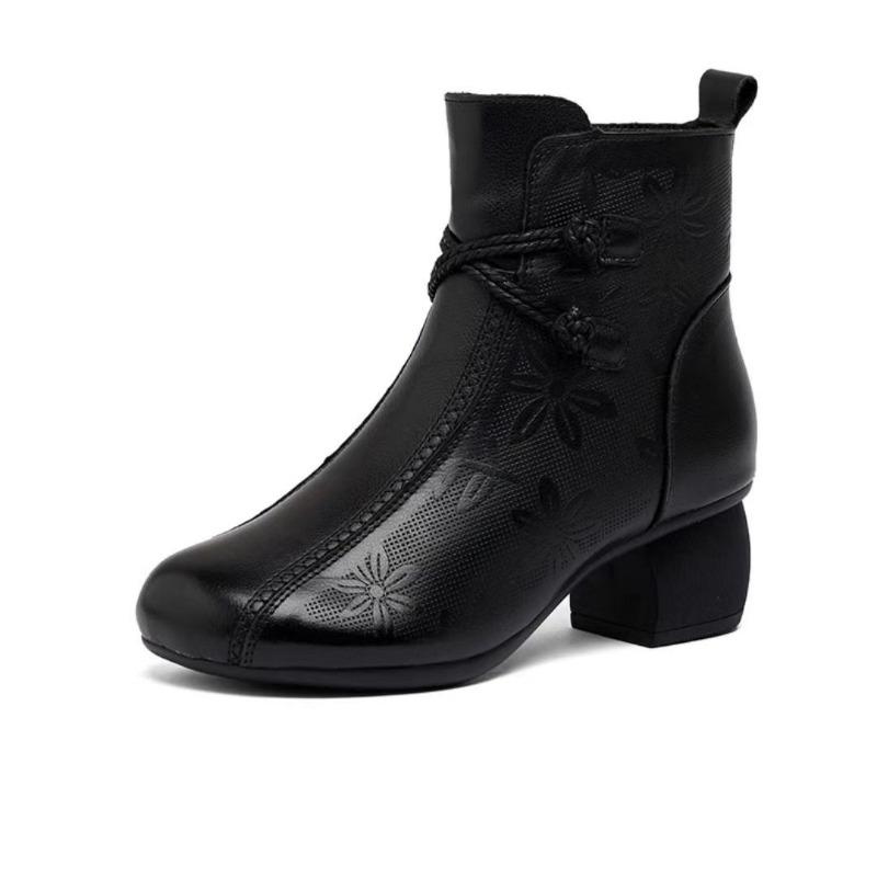 Nationale Wind Korte Laarzen Herfst/winter Nieuwe Bedrukte Moederschoenen Vintage Mode Ronde Neus Dikke Hak Katoenen Laarzen