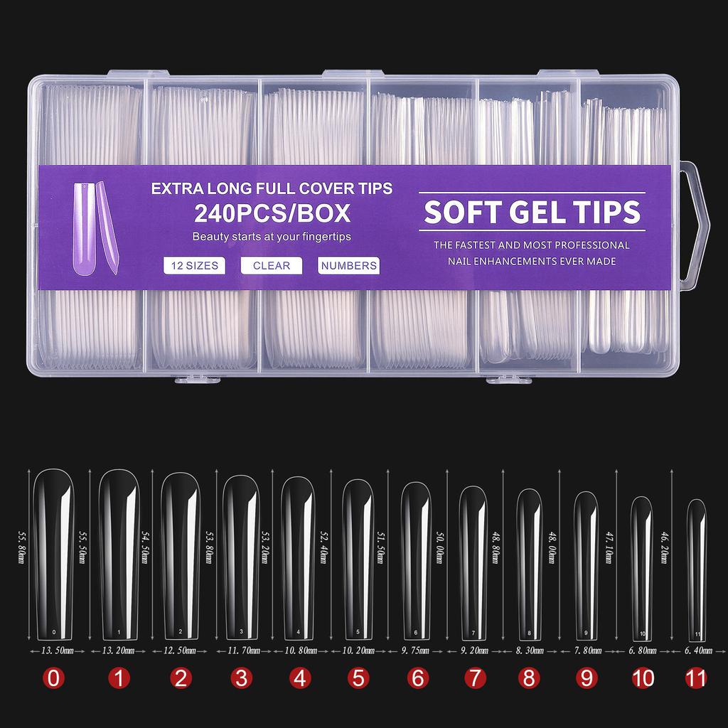 240pcs Transparent Acrylic False Nail Tips Set, 12 Sizes French Manicure Artificial Nails, For DIY Home Nail Salon Press-On Nails, Nail Art Supplies