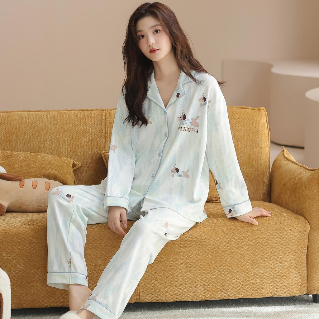 New long-sleeved trousers pure cotton couple pajamas can be worn outside cartoon loose casual men and women pajamas set cotton