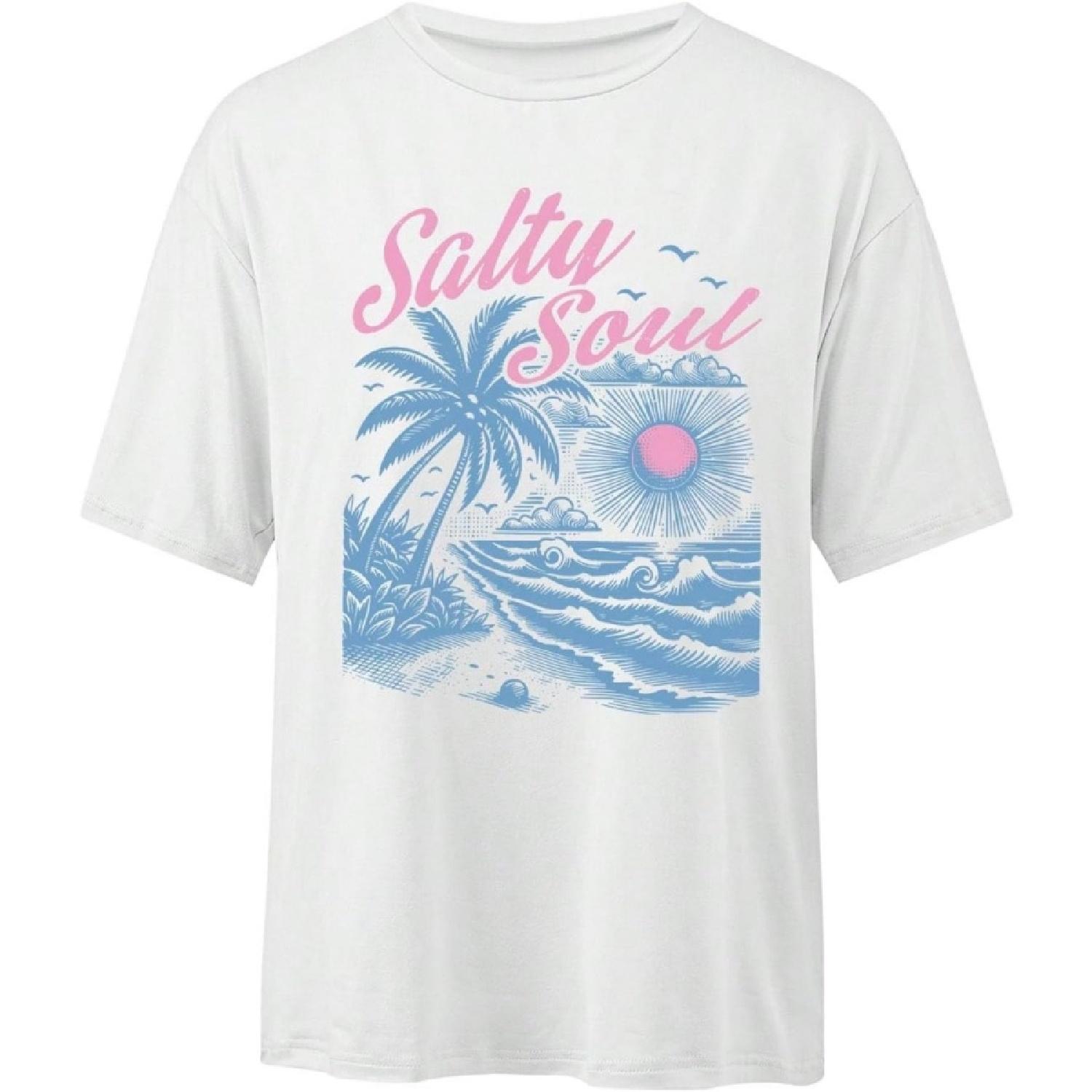 

SHENHE Women s Oversized Summer Tops Palm Tree Sunrise Graphic Print Short Sleeve Loose Vacation Tshirt XXXXXL білий