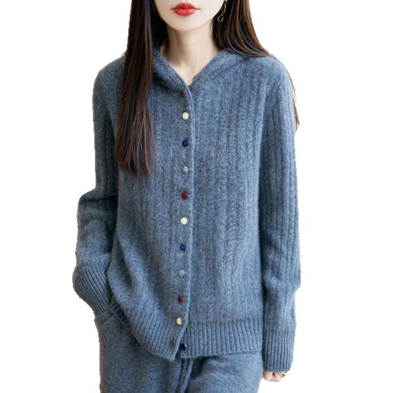 Autumn And Winter New Thickened Hooded Wool Cardigan Women'S Twisted Flower Simple Casual Lazy Wind Knitted Sweater Jacket