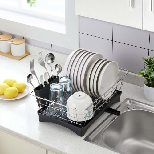 Sunaiad Dish Drainer, Draining Dishboard, Kitchen Stainless Steel with Basket, Adjustable Swivel Spout, Tray, and Storage (42 X 24.5 X 15cm, Black)